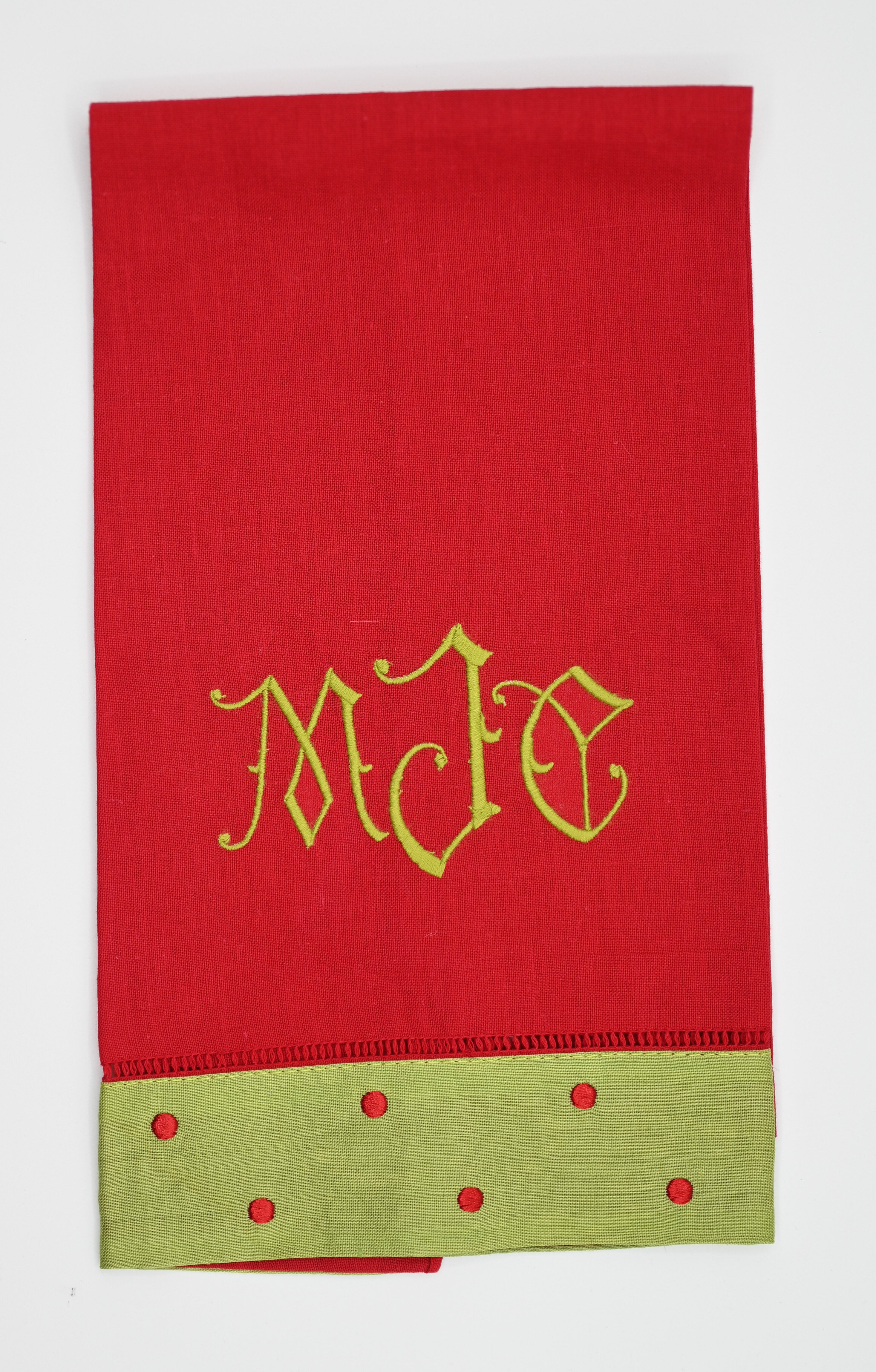 Handtowel with Lime Border and Red Dots