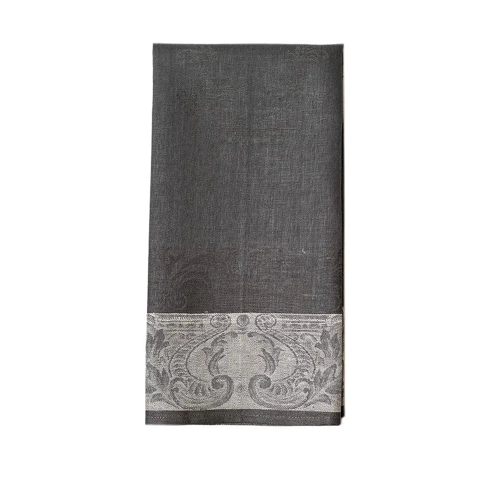 Gray linen towel with silver damask