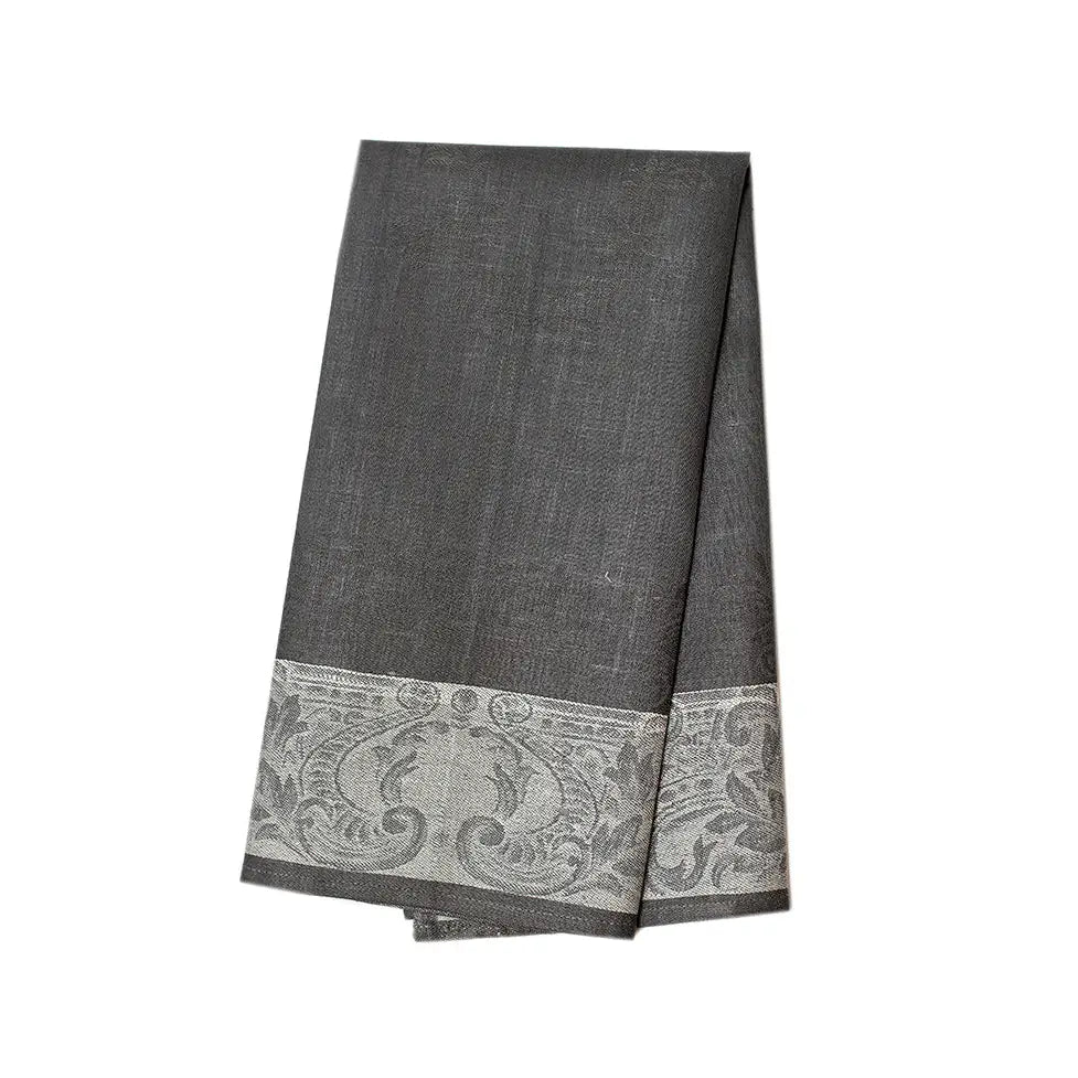 Gray linen towel with silver damask